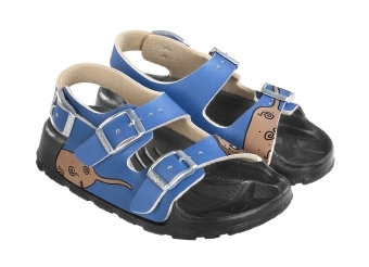 Birkis Aruba Kunststoff-Sandalen dog blue background schmal